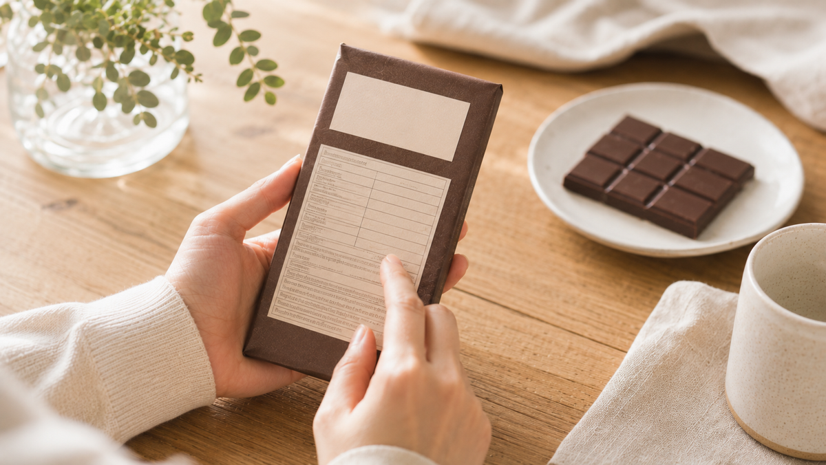 チョコの原材料表示を確認する手元のイメージ