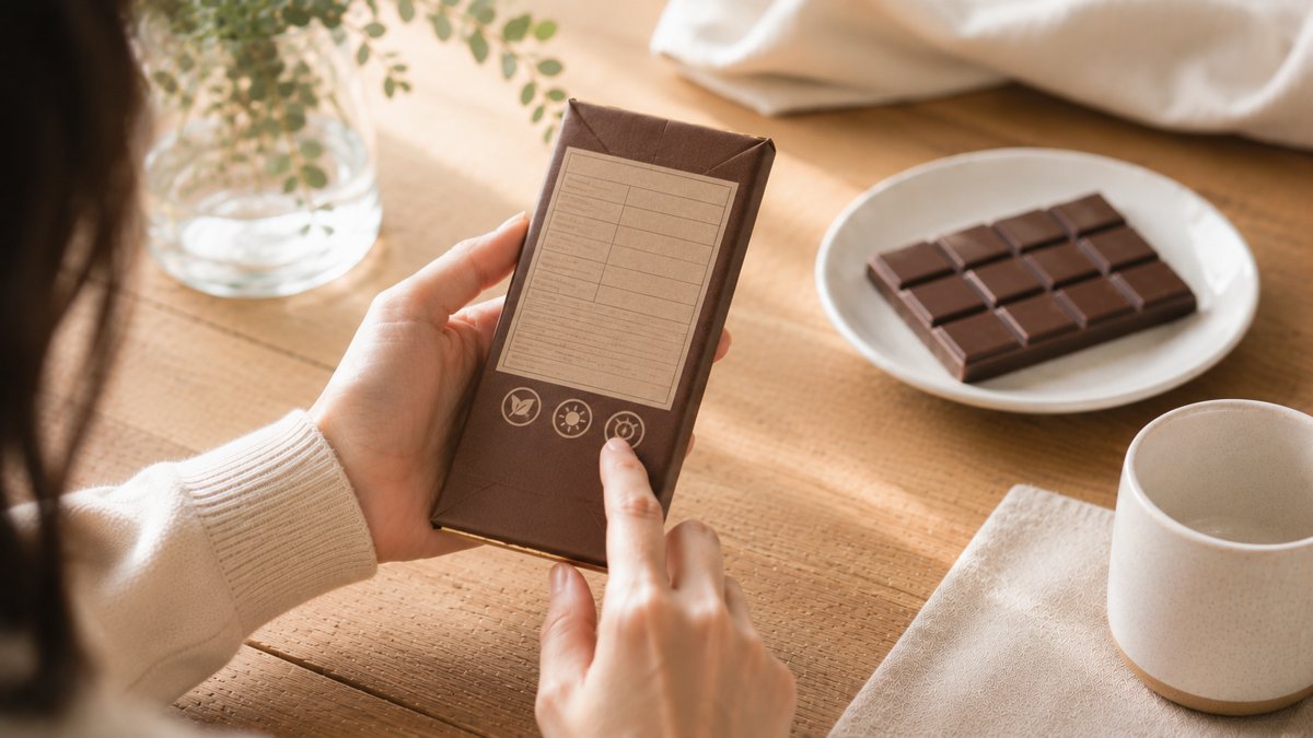 チョコのパッケージの認証マークを見るイメージ