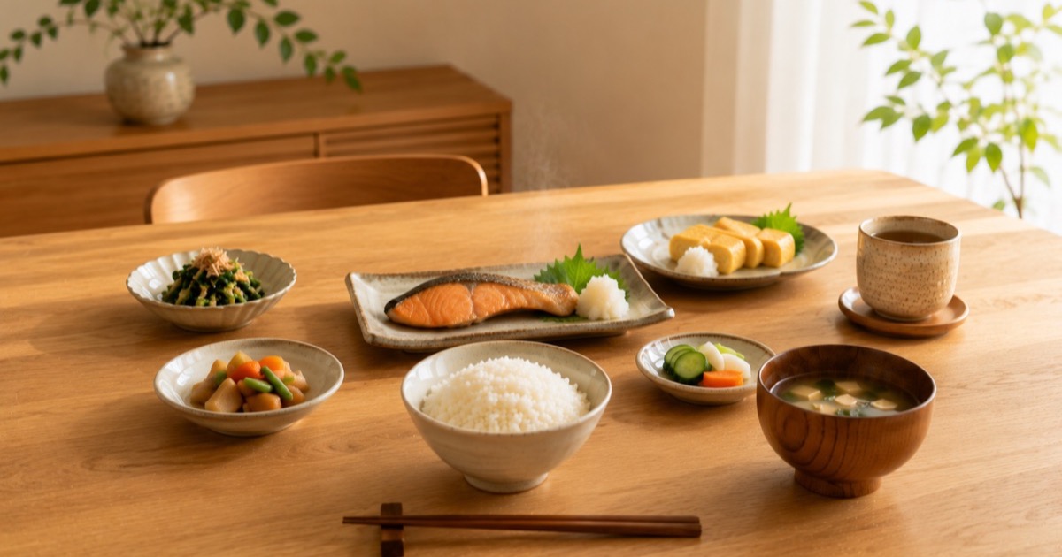家族で囲む炊きたてごはんのある食卓のイメージ